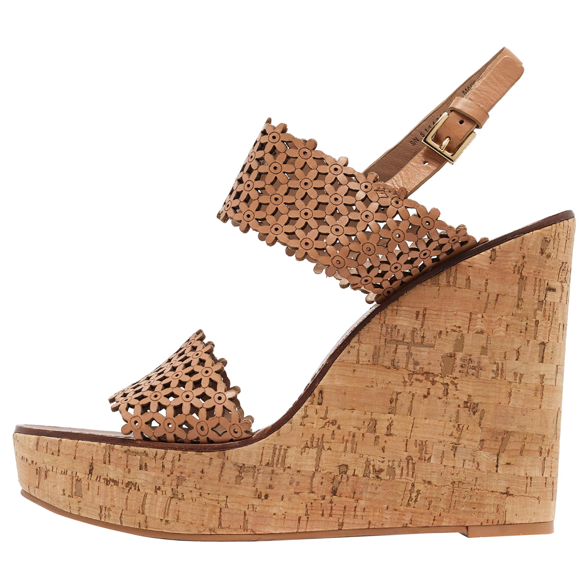 Tory Burch Brown Leather Daisy Wedge Sandals Size 40.5 For Sale