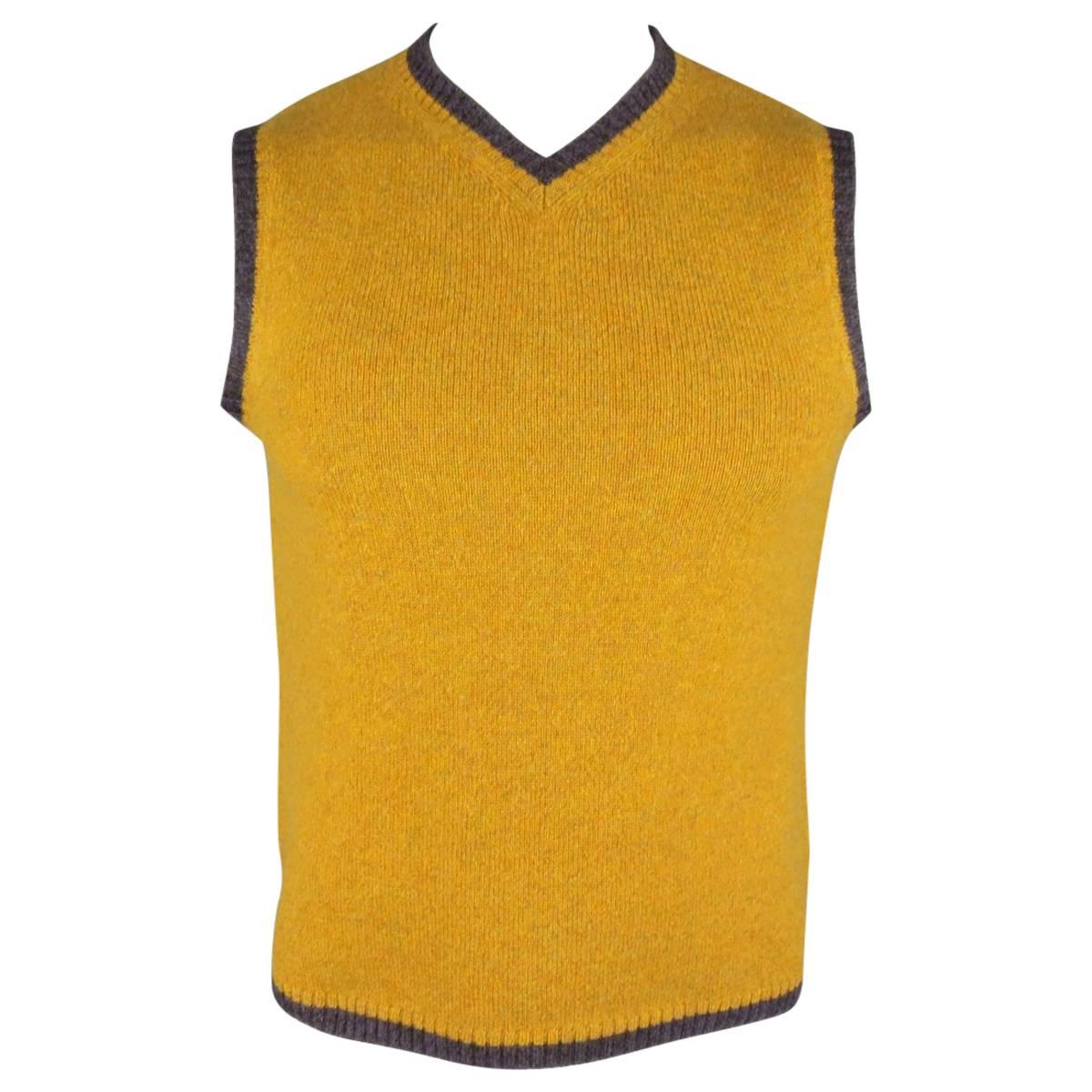 Men's ETRO Size M Gold & Brown Heather Merino Wool V Neck Sweater Vest