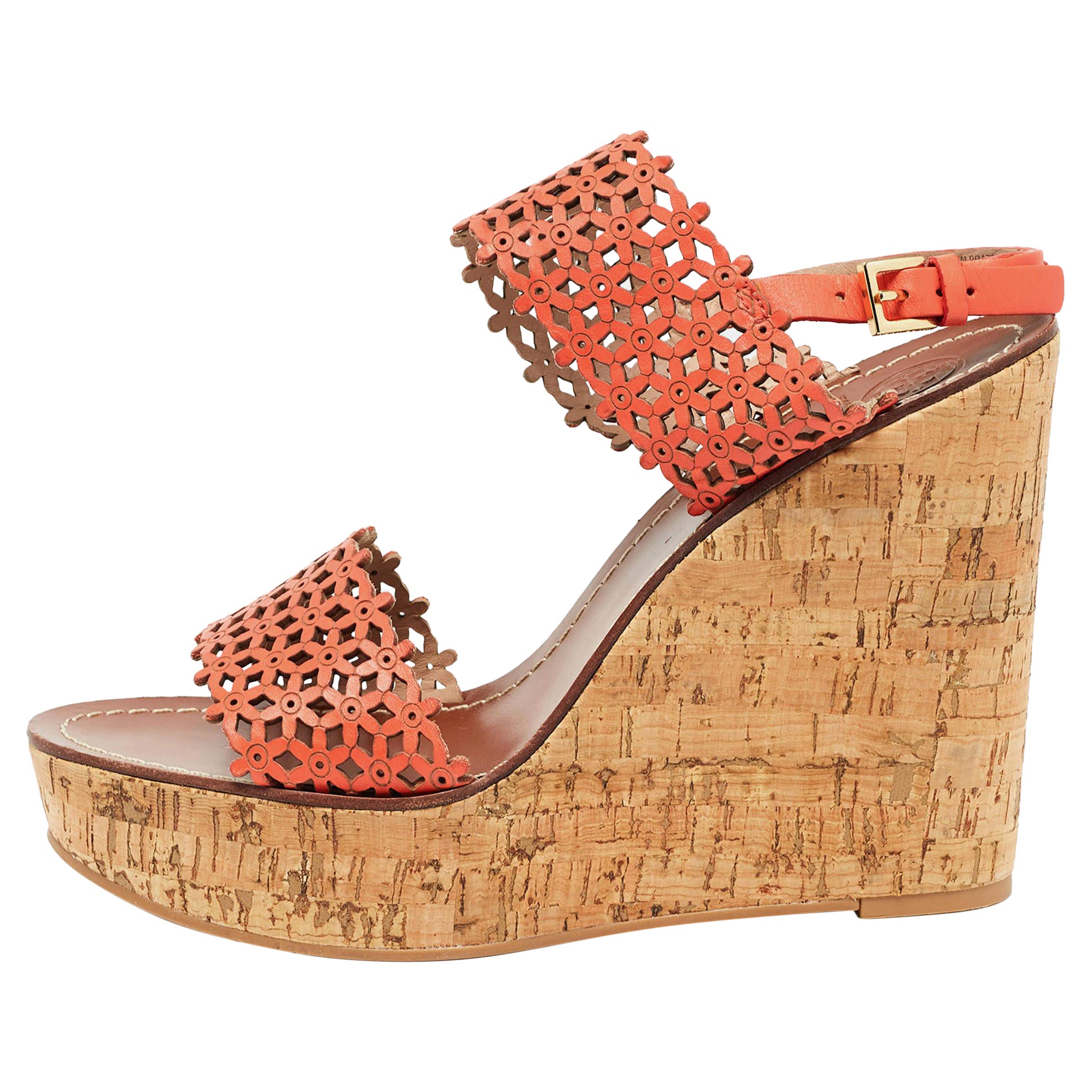 Tory Burch Orange Perforated Leather Daisy Cork Wedge Sandals Size 41.5 For Sale