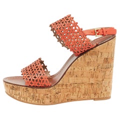 Tory Burch Orange Perforated Leather Daisy Cork Wedge Sandals Size 41.5