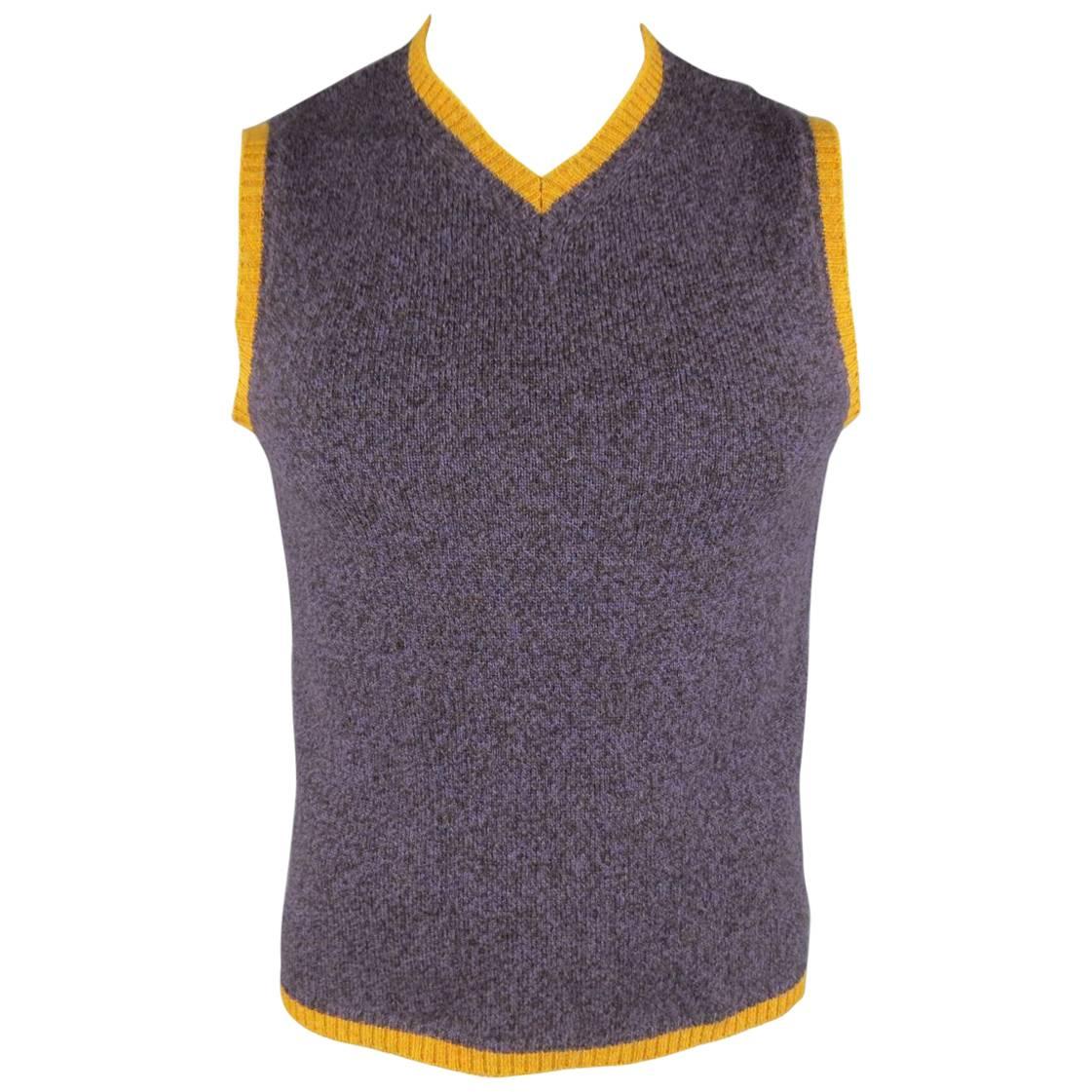 Men's ETRO Size M Purple & Gold Heather Merino Wool V Neck Sweater Vest