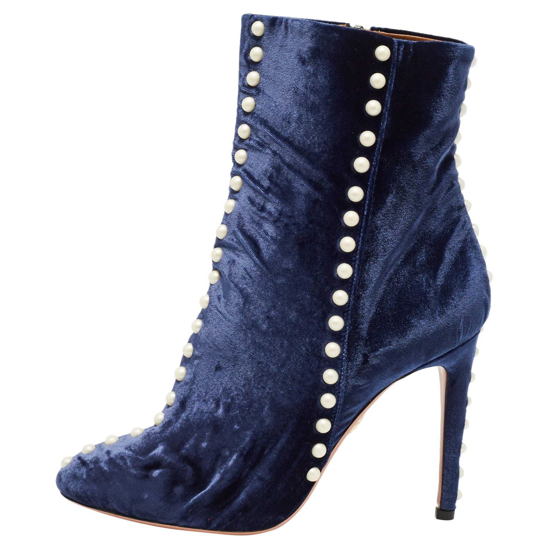 Aquazzura Blue Velvet Follie Pearls Ankle Boots Size 39.5 For Sale