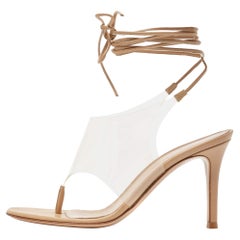 Gianvito Rossi Beige Leather and PVC Plexi Thong Wrap Sandals Size 35
