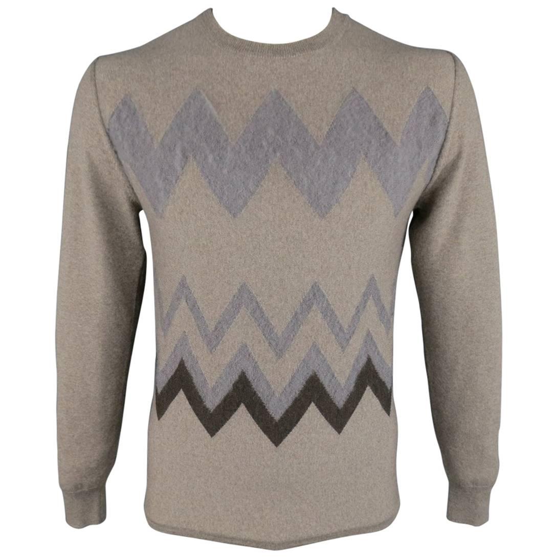 Men's VIKTOR & ROLF Size M Taupe Knit Textured Zig Zag Wool / Mohair Pullover