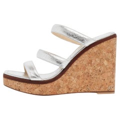 Jimmy Choo Silver Leather Athenia Wedge Sandals Size 39