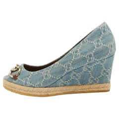 Gucci Blue GG Denim Horsebit Peep Toe Wedge Pumps Size 36.5