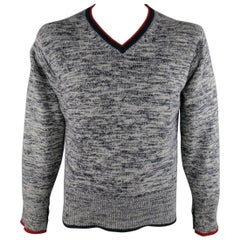 BLACK FLEECE Sweater -  L Grey & Navy Heather Cashmere Red Striped Trim V Neck