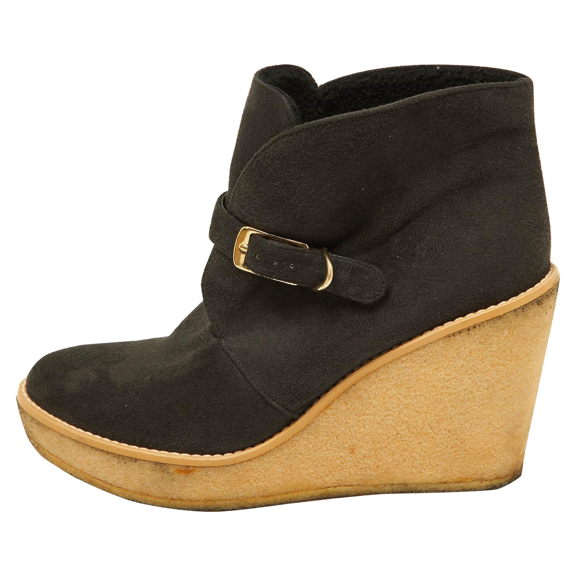 Stella McCartney Black Faux Suede Buckle Detail Wedge Ankle Booties Size 39
