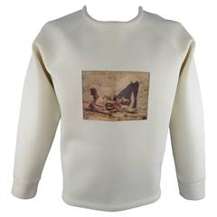 Men's A.SAUVAGE Size XL Cream Neoprene Leather Patch Crewneck Pullover 9