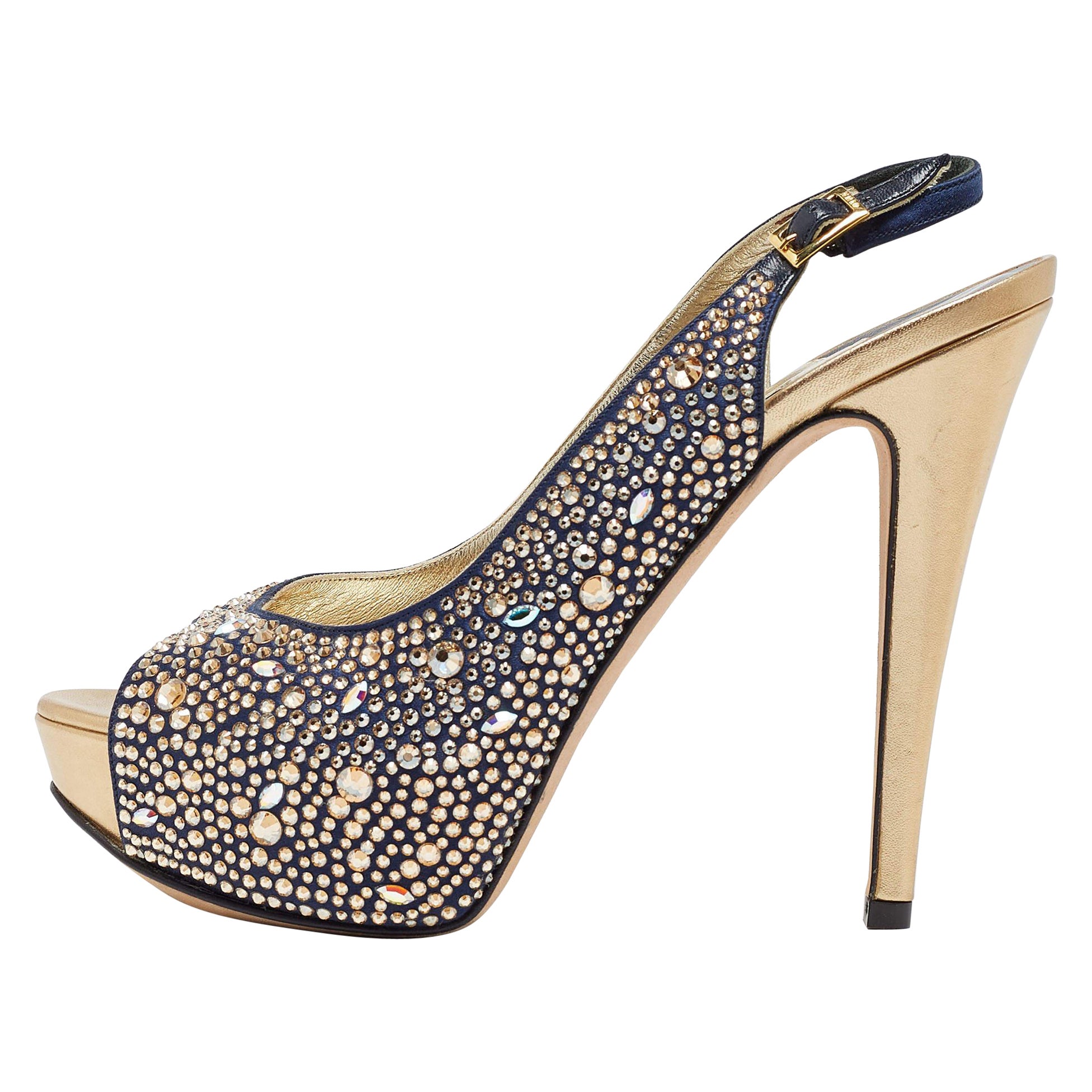 Gina Navy Blue/Gold Crystal Embellished Satin Open Toe Slingback Sandals Size 39 For Sale