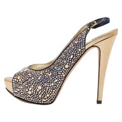 Gina Navy Blue/Gold Crystal Embellished Satin Open Toe Slingback Sandals Size 39