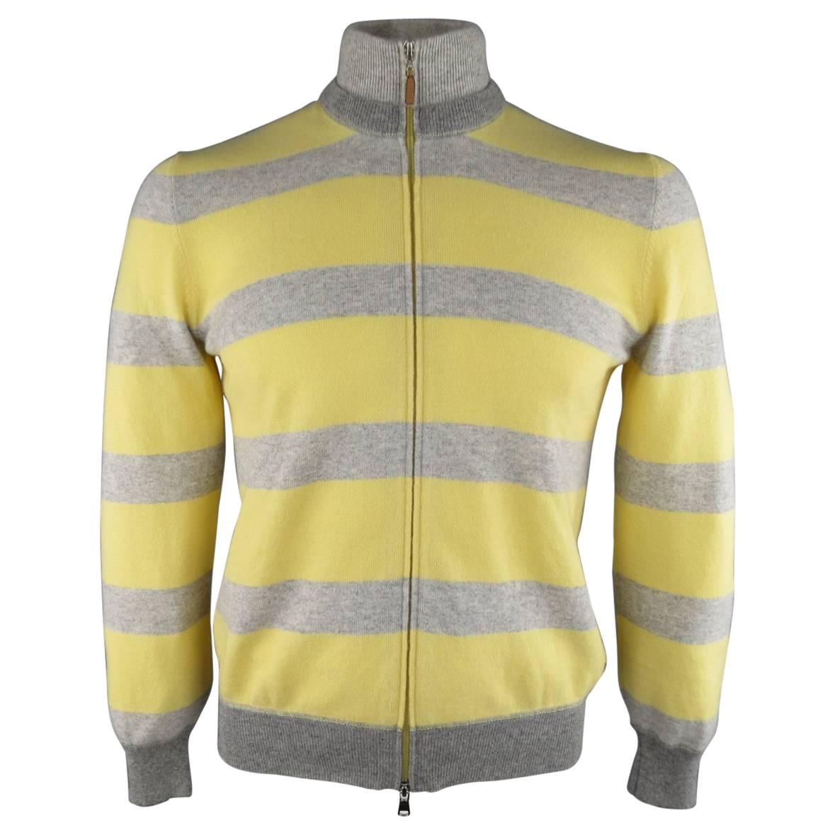 Men's BRUNELLO CUCINELLI Size M Grey & Yellow Stripe Cashmere Zip Cardigan