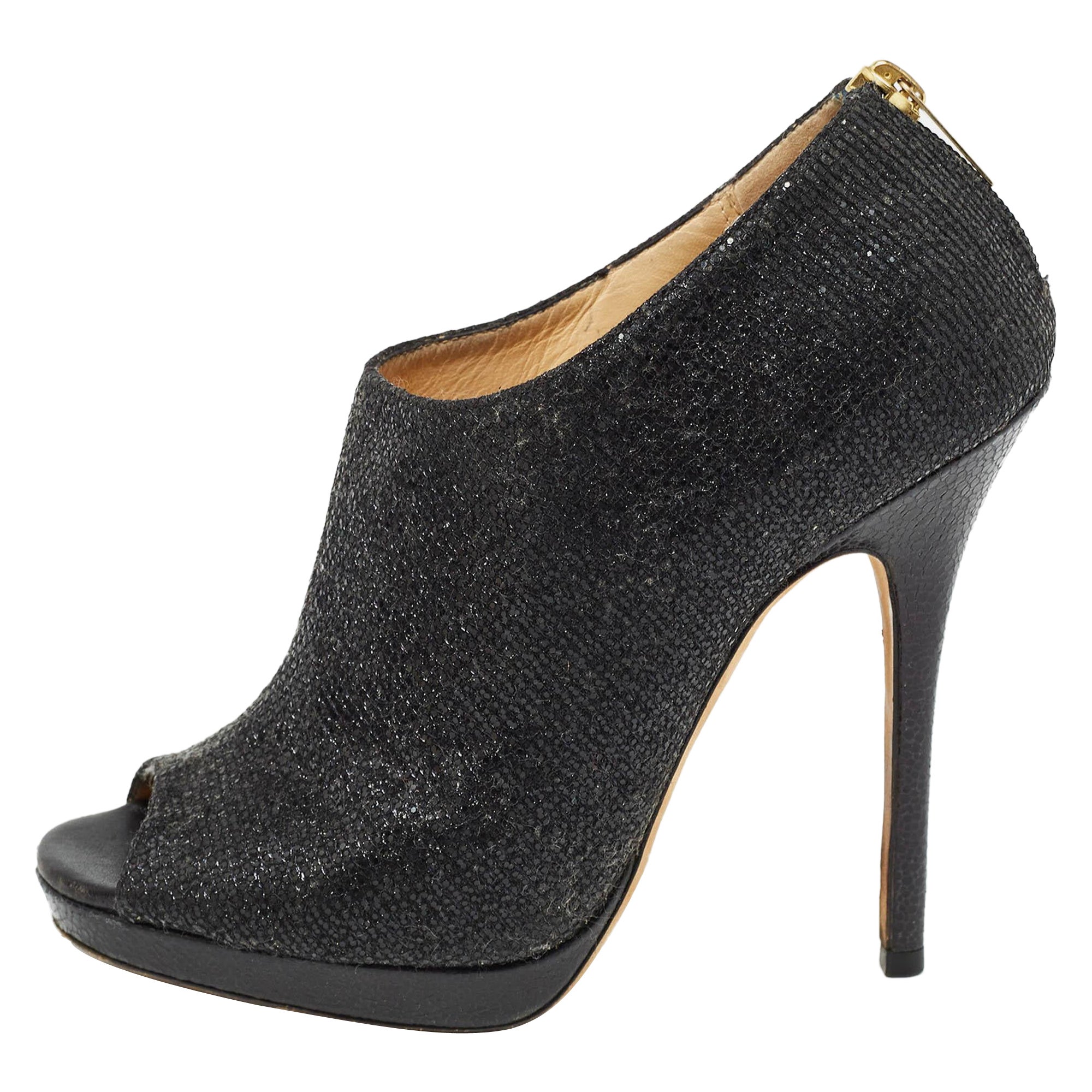 Jimmy Choo Black Glitter and Leather Hector Booties Size 37 For Sale