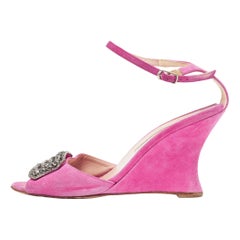 Manolo Blahnik Fuchsia Suede Crystal Embellished Trice Wedge Sandals Size 38.5