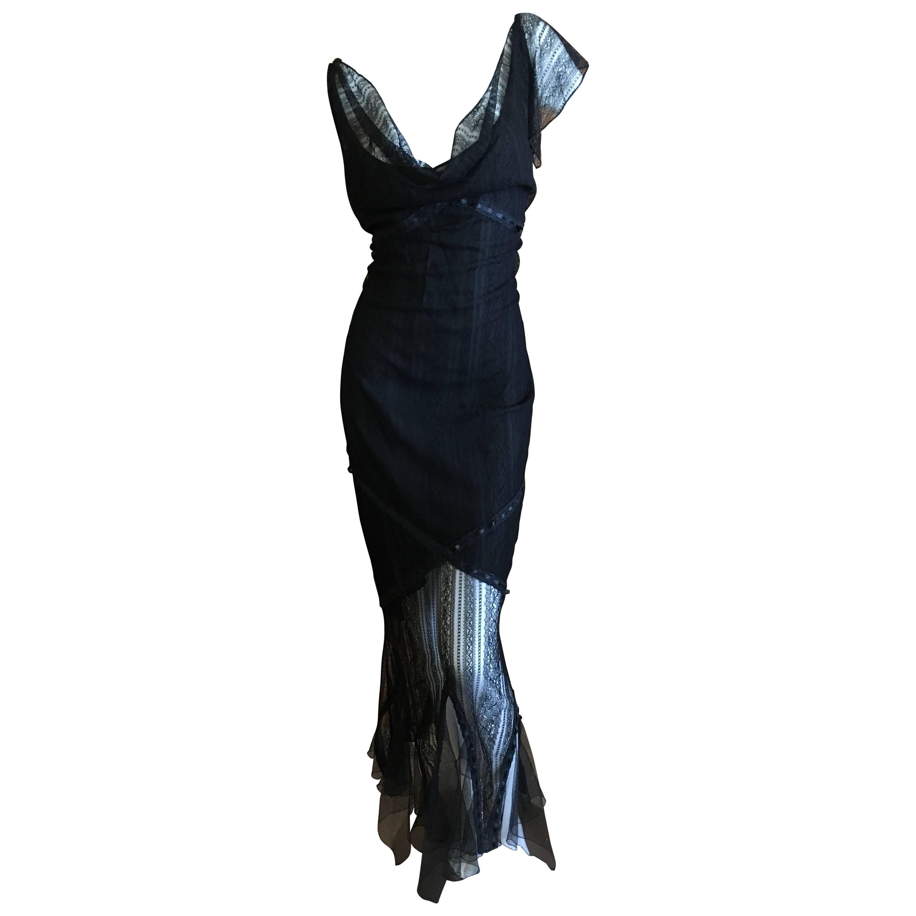 John Galliano Elegant Vintage Black Lace Evening Dress For Sale