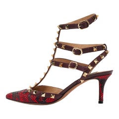 Valentino Red Leather Crystal Embellished RockstudAnkle Strap Pumps Size 37