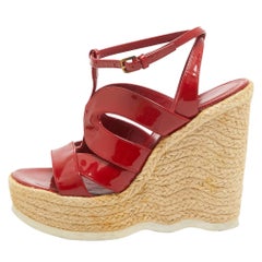 Yves Saint Laurent Red Patent Wedge Ankle Sandals Size 39.5