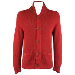 RRL by RALPH LAUREN Size XL Brick Red Knitted Linen Blend Shawl Collar Cardigan