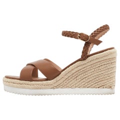 Stuart Weitzman Brown Leather Mykonos Wedge Espadrille Sandals Size 40.5