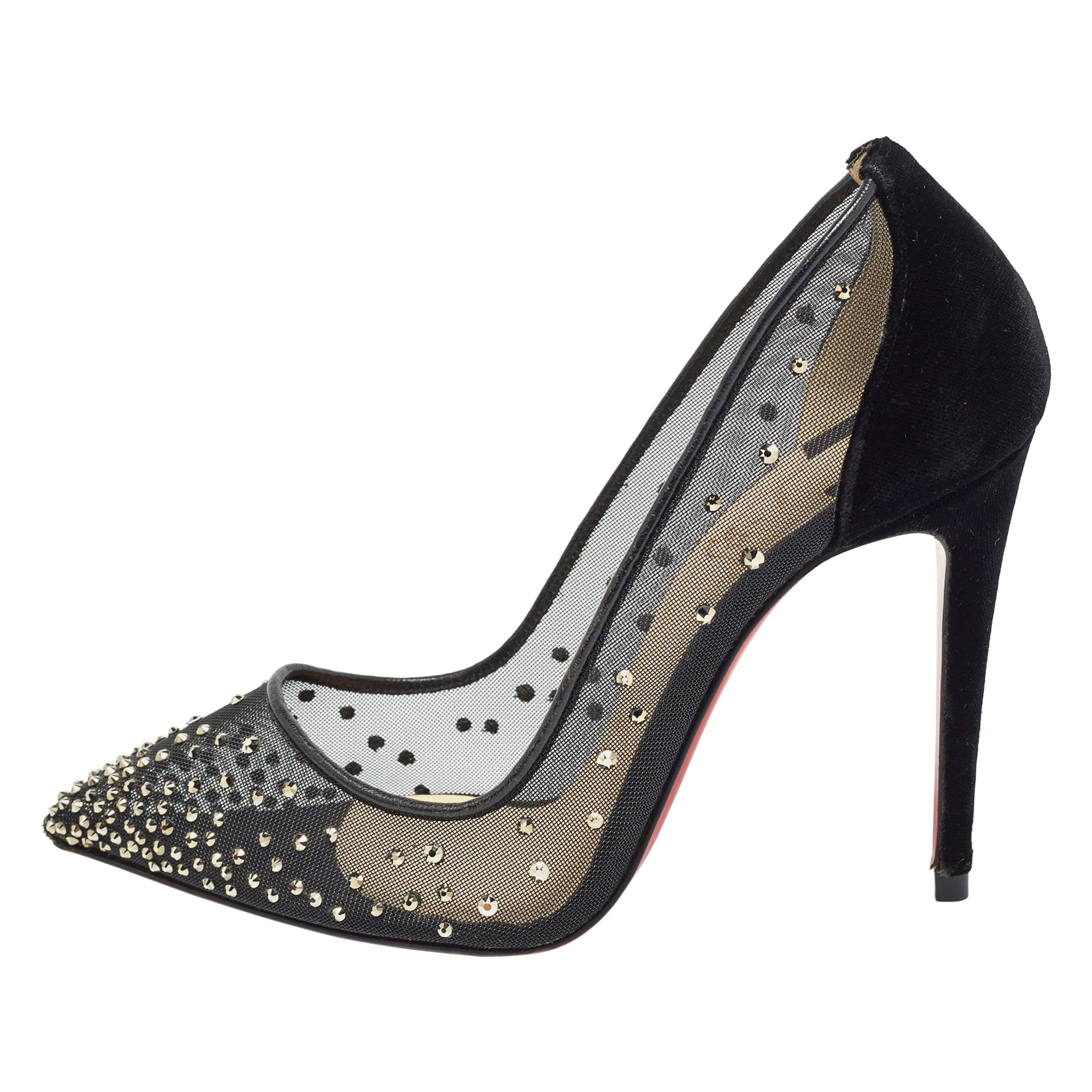 Christian Louboutin Black Mesh and Velvet Follies Strass Pumps Size 36