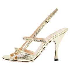 Gucci Gold Leather Crystal Embellished Slingback Sandals Size 36