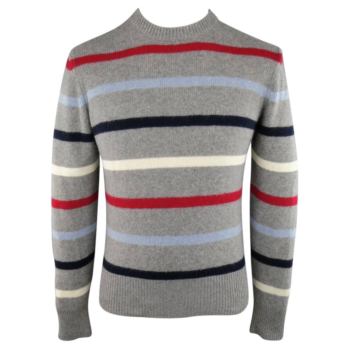 Men's MICHAEL BASTIAN Size S Grey Red White Blue Stripe Cashmere Pullover