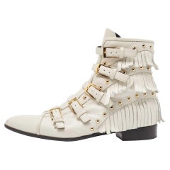Giuseppe Zanotti Cream Leather Studded and Fringed Buckled Ankle Boots Size 39