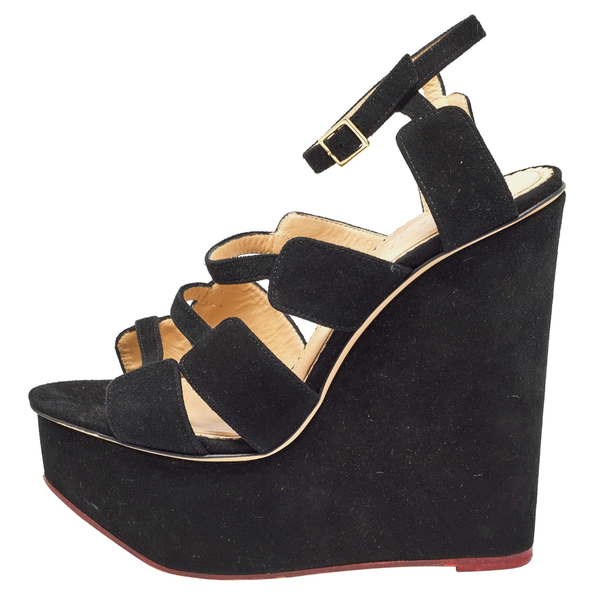 Charlotte Olympia Black Suede Platform Wedge Strappy Sandals Size 39 For Sale