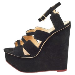 Charlotte Olympia Black Suede Platform Wedge Strappy Sandals Size 39
