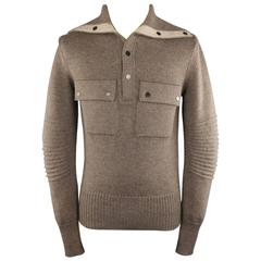 Used Men's BELSTAFF Size S Taupe Wool Chest Pocket Snap Collar Pullover Sweater