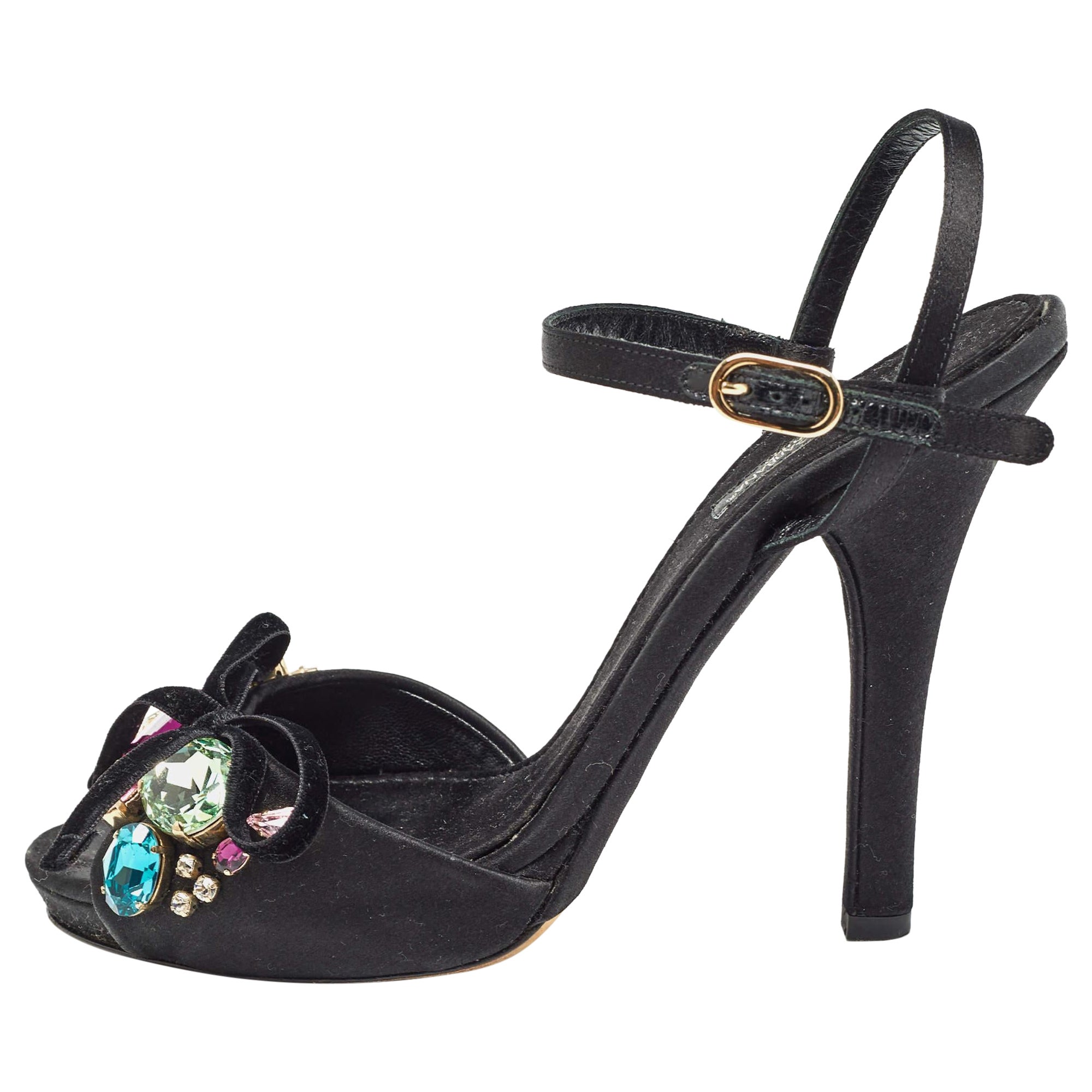Dolce & Gabbana Black Satin Crystal Embellished Ankle Strap Sandals Size 37 For Sale