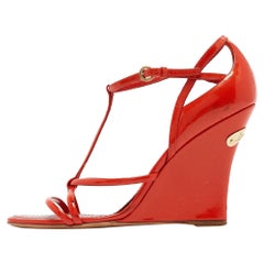 Louis Vuitton Orange Patent Leather Strappy Wedge Sandals Size 37.5