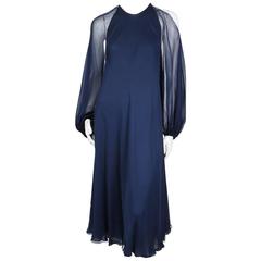 Halston Navy Blue Chiffon Trapeze Dress circa mid 1970s 1