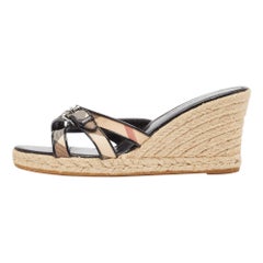 Burberry Beige/Black House Check Canvas and Patent Wedge Sandals Size 40