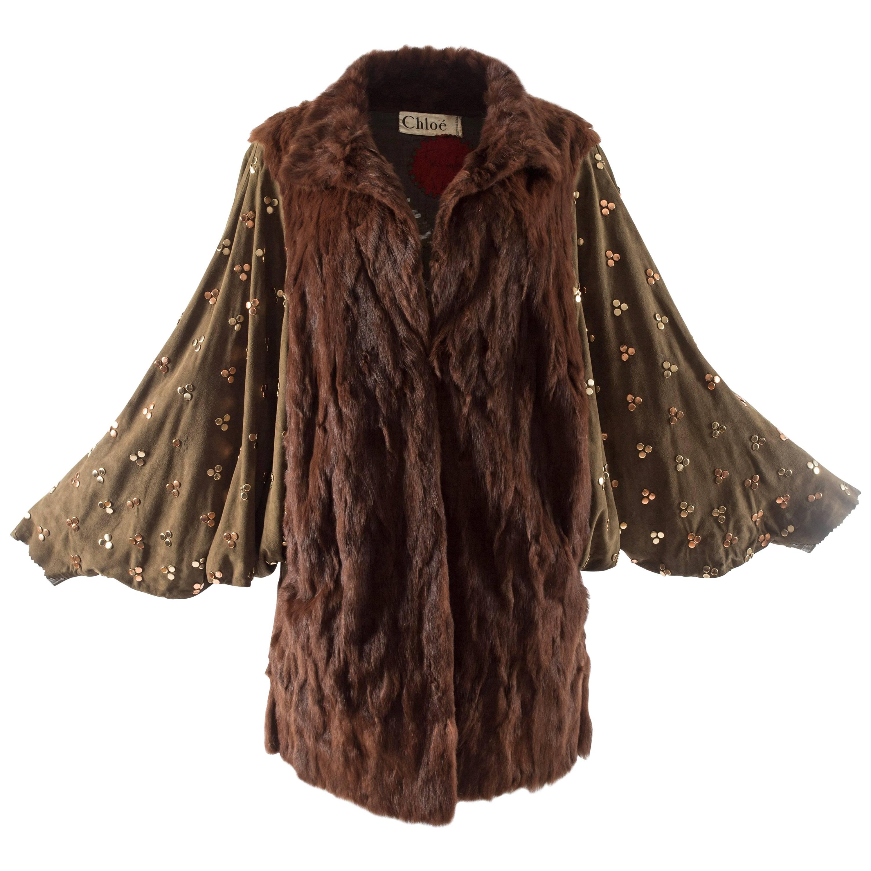 Chloe mink fur coat with studded suede batwing sleeves, circa 1980s
