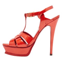 Yves Saint Laurent Red Patent Leather Tribute Sandals Size 37.5