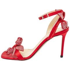 Mach & Mach Red Satin Tulip Crystals Ankle Strap Sandals Size 39