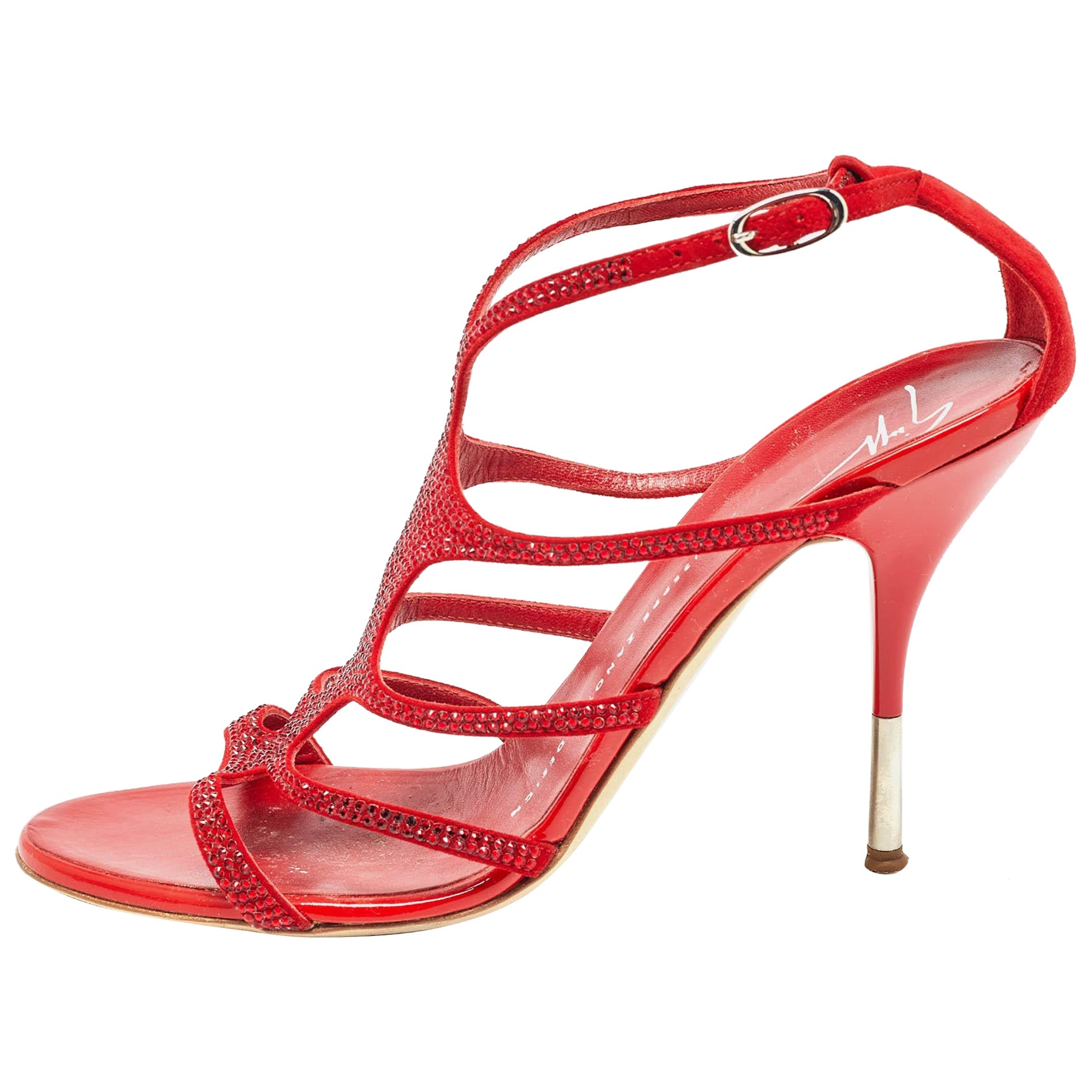Giuseppe Zanotti Red Crystal Embellished Suede Strappy Sandals Size 37 For Sale