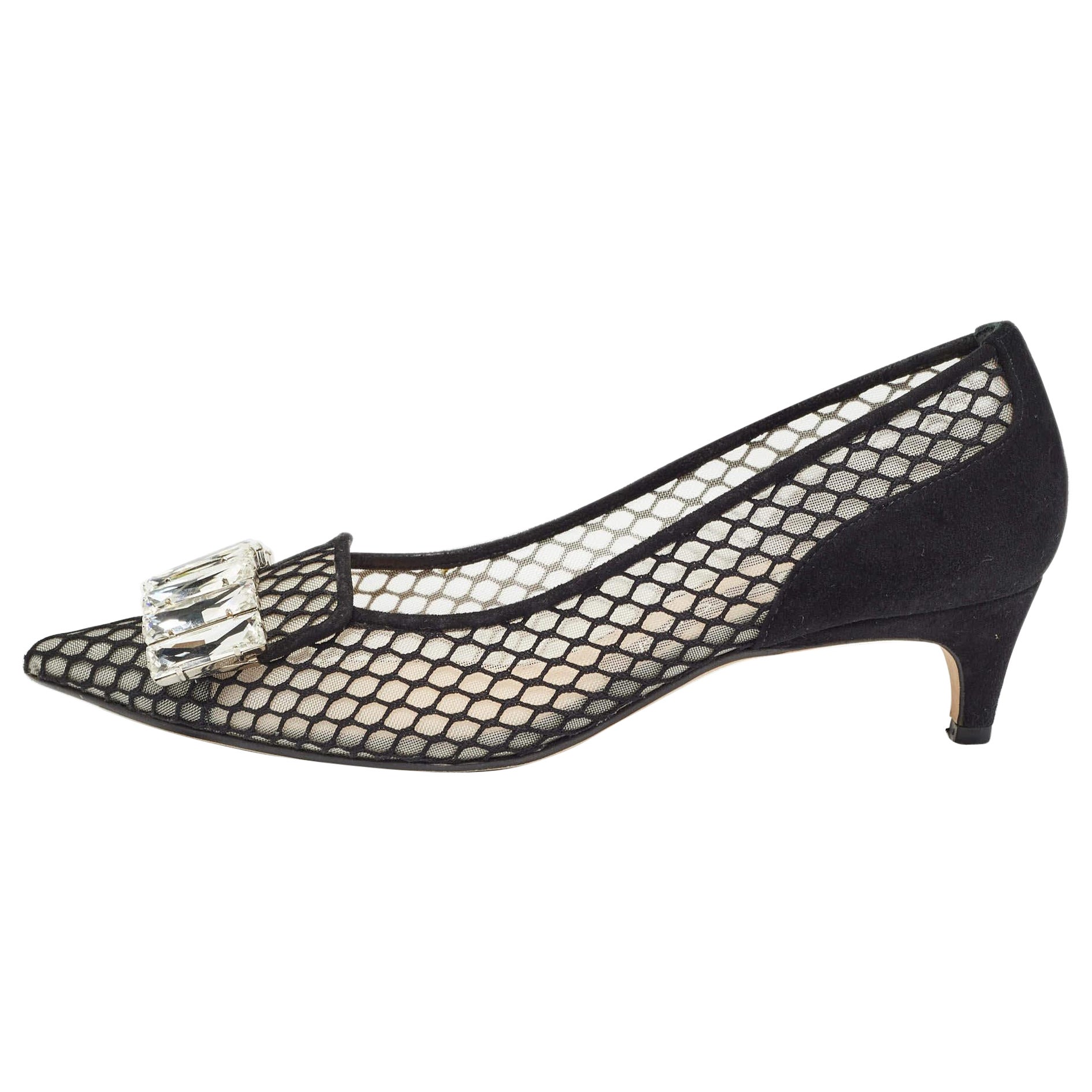 Sergio Rossi Black Suede and Mesh Crystals Pumps Size 37 For Sale