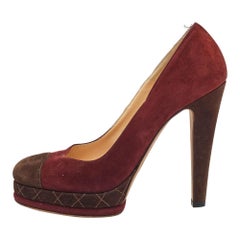 Chanel Burgundy/Brown Suede CC Cap Toe Platform Pumps Size 38