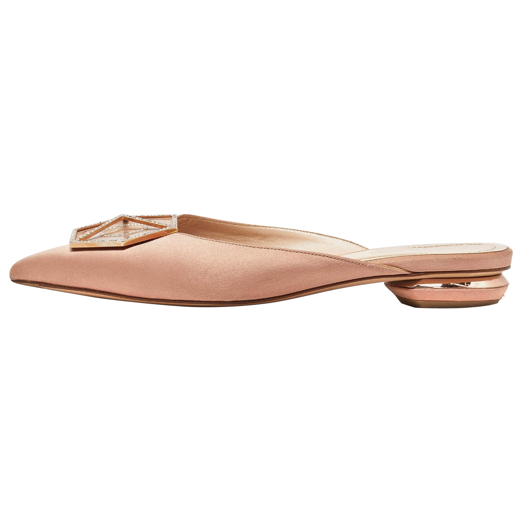 Nicholas Kirkwood Beige Satin Eden Crystals Embellished Flat Mules Size 38 For Sale