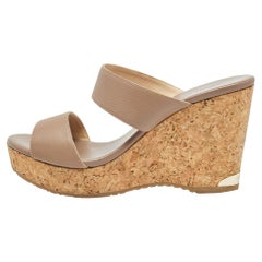 Jimmy Choo Beige Leather Parker Cork Wedge Sandals Size 39