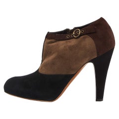 Moschino Marrone/Nero in pelle scamosciata, dettaglio fibbia, stivaletti con plateau, misura 39,5