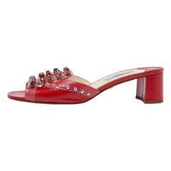 Prada Red Patent Leather Crystal Embellished Block Heel Slide Sandals Size 37