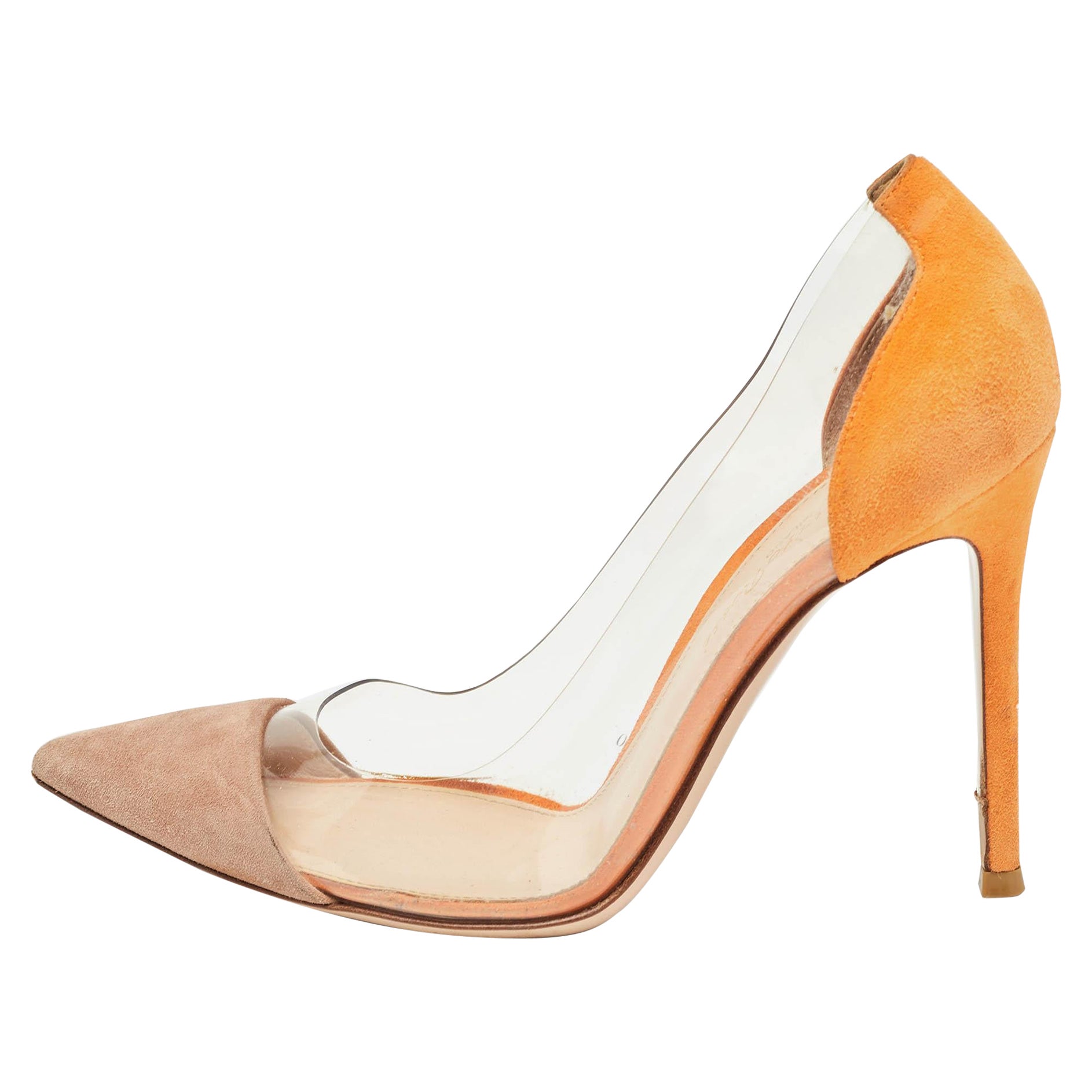 Gianvito Rossi Orange/Pink Suede and PVC Plexi Pumps Size 36.5 For Sale