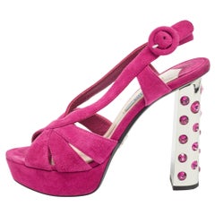 Prada Fuchsia Suede Crystal Embellished Platform Sandals Size 36.5