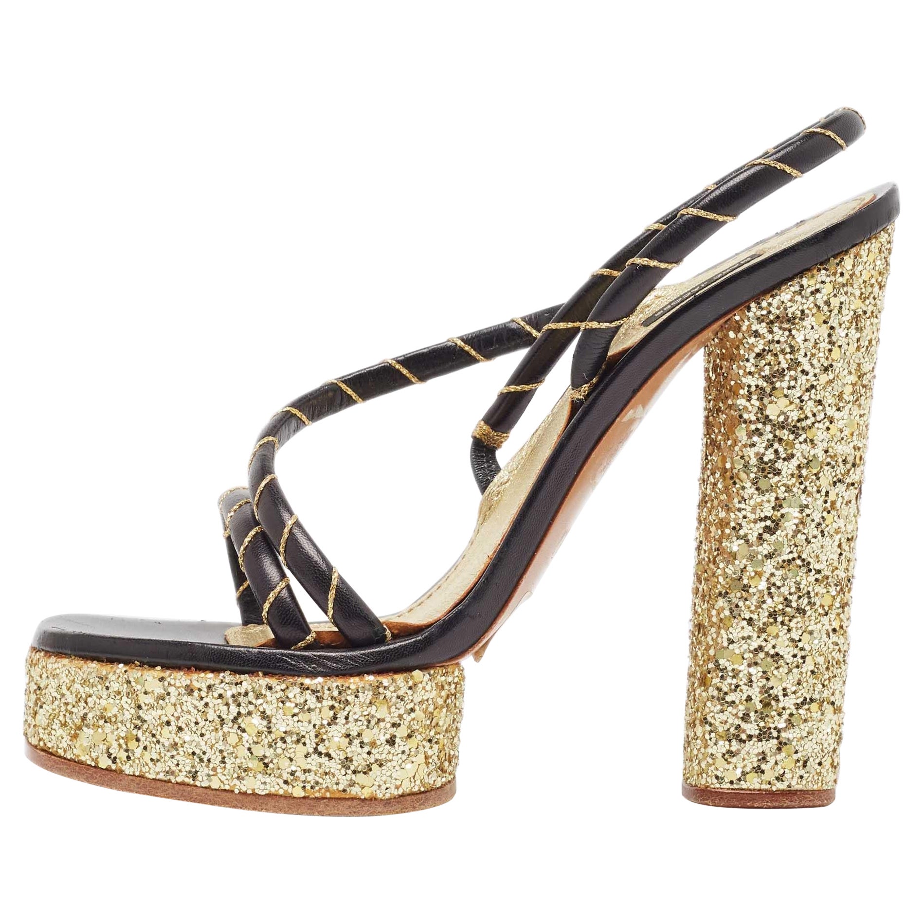 Marc Jacobs Schwarz/Gold Leder Glitter Plateau Slingback Sandalen Größe 36 im Angebot