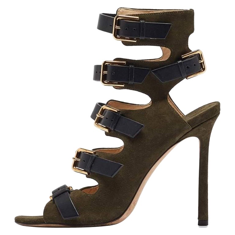 Jimmy Choo Green Suede Buckle Strappy Sandals Size 37 For Sale