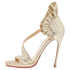 Christian Louboutin Gold Texture Leather Ruffle Embellishment Sandals Size 37