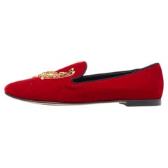 Giuseppe Zanotti Red Velvet Crystal Embellished Smoking Slippers Size 38